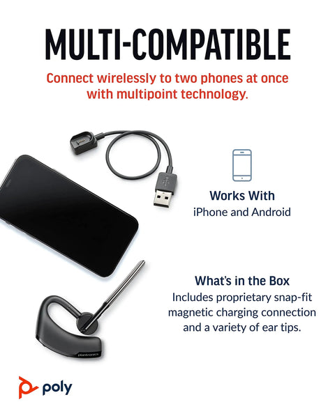 Single Ear Bluetooth Headset With Noise Canceling Microphone For Crisp Calls, USB charging cable, and phone compatibility shown