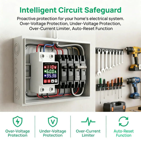 Badass Smart Circuit Breaker Adjustable Voltage Protector 110V 63A High Current Capacity for Heavy Duty Appliance and Water Heater Surge Protection Switch installed in an electrical panel with LCD display.