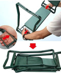 Folding Kneeling Garden Bench Seat 2 In 1 Stool with Tool Pouches showing folding mechanism and compact storage.