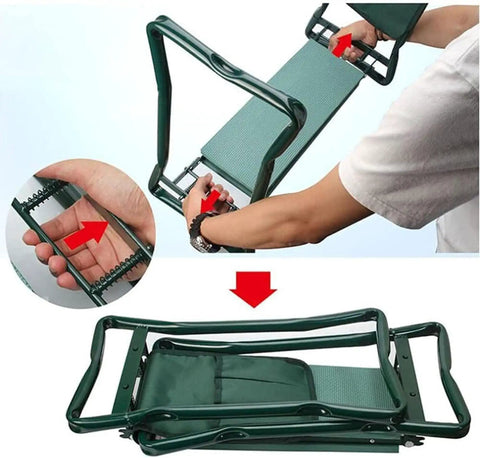 Folding Kneeling Garden Bench Seat 2 In 1 Stool with Tool Pouches showing folding mechanism and compact storage.
