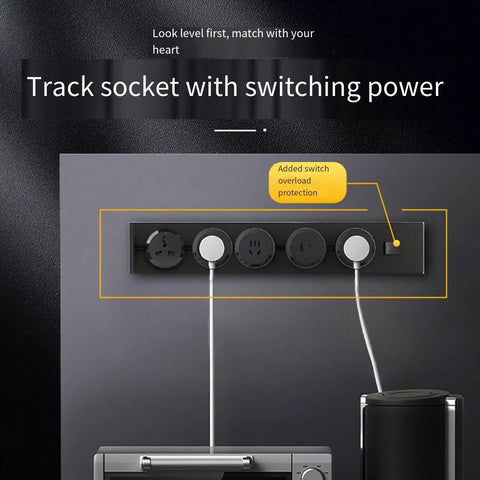 Hassle Free Wall Mounted Power Track Strip Featuring Slide Rail Sockets, Zero Drill Installation For Kitchen Or Bathroom, Smart Switch With Led Indicator, 90 Cm Modern Residential Electrical Upgrade with multiple sockets.