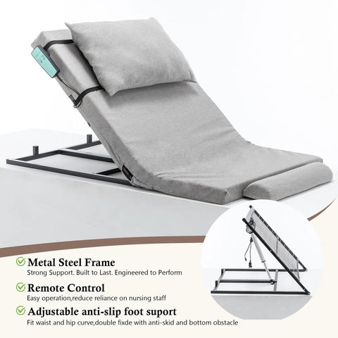 Ultimate Electric Adjustable Bed Backrest Lift Assist With Smooth Remote Recline From 4 To 68 Degrees, grey fabric, metal frame design.