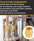 Heavy Duty Brass Pipe Fitting NPT Coupler One Half Inch By One Half Inch Hex Coupler in industrial piping setup