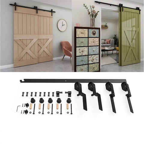 Sliding Barn Door Rail Hardware Kit For Double Doors Monorail System Tough Heavy Duty Track With Quiet Bearings Smooth And Silent Operation, Black 6mm Carbon Steel