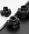 Set of three 1 Inch Black Pipe Fittings 4 Way Side Outlet Tee, made from malleable cast iron for industrial furniture and shelves.