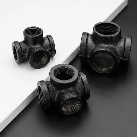 Set of three 1 Inch Black Pipe Fittings 4 Way Side Outlet Tee, made from malleable cast iron for industrial furniture and shelves.