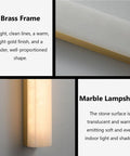 Modern Linear Alabaster Wall Sconce Featuring Polished Copper Base And Three Switchable Color Modes For Chill Bedroom And Living Room Super Sleek Bar Lamp Fixture with brass frame and marble lampshade.