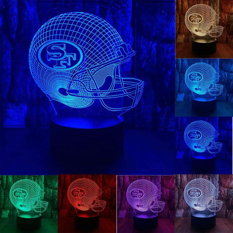 Football Helmet Shape 3D LED Night Light With Optical Illusion, Acrylic Desk Lamp, showing 7 color changes in dim room