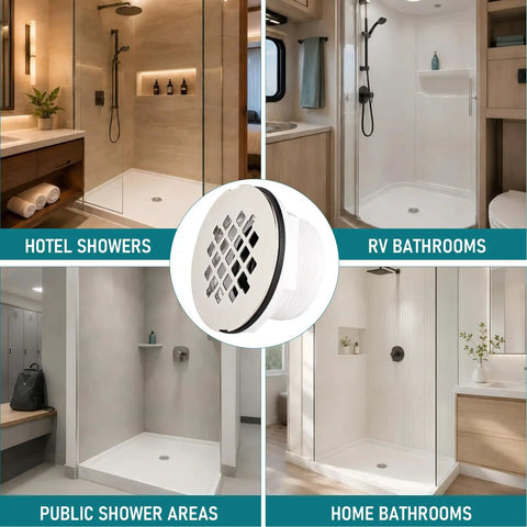 Slick Two Inch No Caulk Pvc Compression Shower Drain With Four Point Two Five Inch Knockout Steel Grate displayed in various bathroom settings.