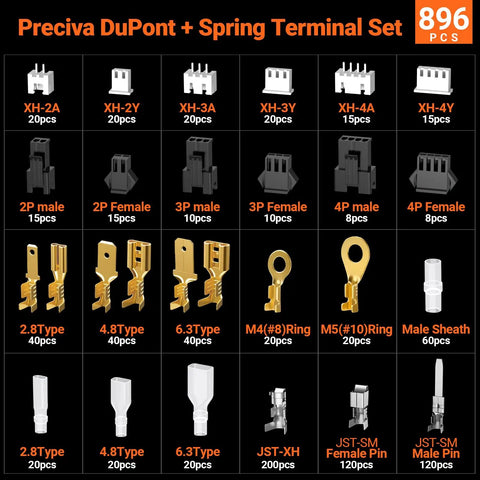 Five-In-One Pro-Grade Wire Crimp Tool Kit For AWG 28-16 Dupont And Spade Connectors, 896 Terminals Included, assortment display