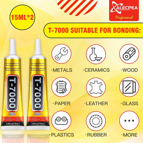 Upgrade T7000 Black Adhesive Glue 2 Pack 15ml Tubes High Performance Waterproof Bond For Precise Repairs On Phones Electronics Jewelry Cameras And Crafts displayed with bonding material icons