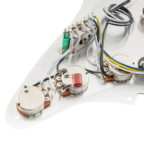 Back view wiring of Prewired SSS Pickguard For Strat Style Electric Guitars With Staggered Alnico 5 Single Coil Pickups White 3 Ply