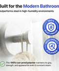 Close-up of a shower suction cup hook with towel, featuring no drill easy twist lock install; rust-proof polymer with strong hold.