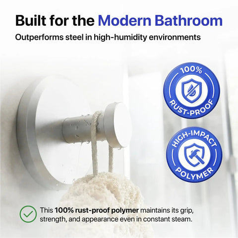 Close-up of a shower suction cup hook with towel, featuring no drill easy twist lock install; rust-proof polymer with strong hold.