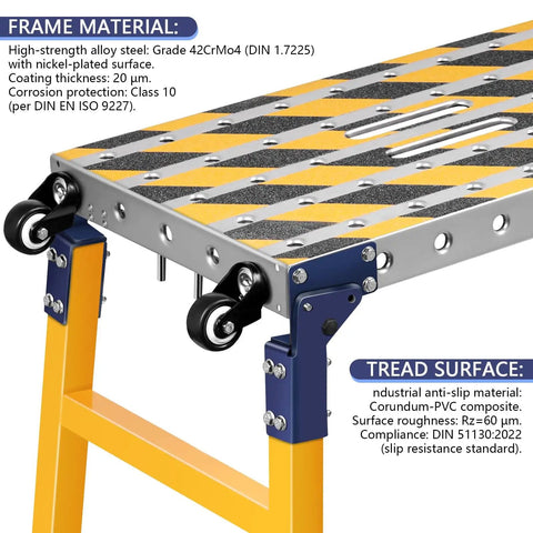 Heavy Duty Mobile Steel Work Bench On Wheels With Foldable 55 Inch Pro Grade Tabletop Height Adjustable Welding Table Galvanized Surface 1102 Lb Capacity Portable Shop Workstation For Pros And DIY, side view showing tabletop and wheels.