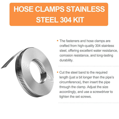 32Ft 304 Stainless Steel Hose Clamps DIY Kit With 25 Heavy Duty Fasteners And Adjustable Worm Gear Clamps label and steel band