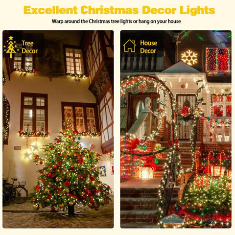 Two Pack 200 LED Solar String Lights For Outdoors Waterproof With 8 Modes And Memory Function Auto On Off Warm White Party Ready For Xmas Trees Gardens Weddings Parties And More lighting up a house and tree with festive decorations
