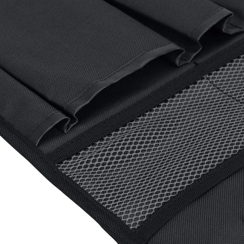 Close-up of black Folding Garden Kneeling Seat And Tool Bag Set with Durable Oxford Cloth pouch and mesh pocket for tools.