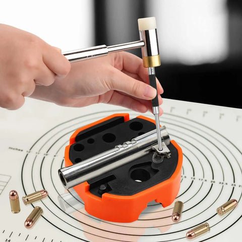 Using 5 Piece Roll Pin Punch Set 8 Inch Carbon Steel Pro Grade Pin Punch Tool Kit for gunsmithing with orange base and bullets
