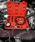 Oil pressure tester kit for cars in red plastic case with gauge and hoses