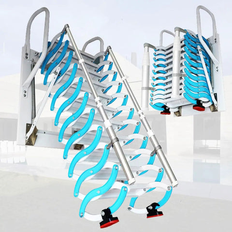 Heavy Duty Electric Telescoping Ladder With Retractable Folding Attic Stairs Featuring A Solid Reinforced Frame And Grippy Wide Treads Built Like A Tank For Tight Lofts, showing blue grips and aluminum structure.