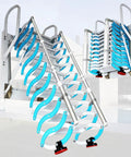 Electric Telescopic Attic Ladder Forged Aluminum Wall Mounted Folding Stairway displayed in two angles showing blue handles and smooth deployment.