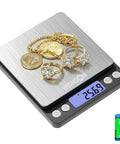 Pro Grade Jewelry Scale 500G By 0.01G Digital Gold Scale For Jewelers, Pawn Shops And Coin Dealers, displaying gold and silver jewelry