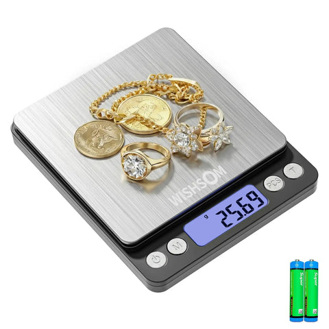 Pro Grade Jewelry Scale 500G By 0.01G Digital Gold Scale For Jewelers, Pawn Shops And Coin Dealers, displaying gold and silver jewelry