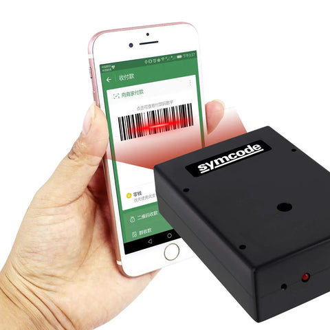Hand holding phone displaying barcode, scanned by Embedded Mini Barcode Scanner For Screen Scanning CCD Reader Module