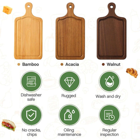 Front view of three mini wooden charcuterie boards in bamboo, acacia, and walnut with handles