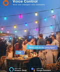Group enjoying a dinner party with 96 Foot Outdoor String Lights With Remote And App Control, colorful RGB bulbs, Alexa compatible.