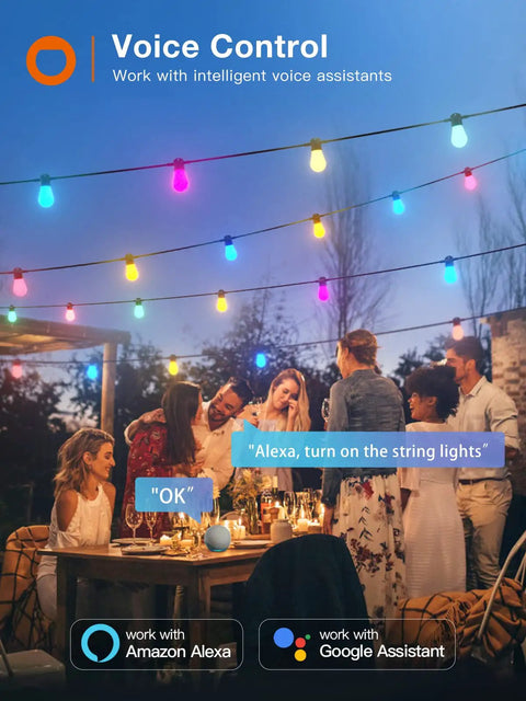 Group enjoying a dinner party with 96 Foot Outdoor String Lights With Remote And App Control, colorful RGB bulbs, Alexa compatible.
