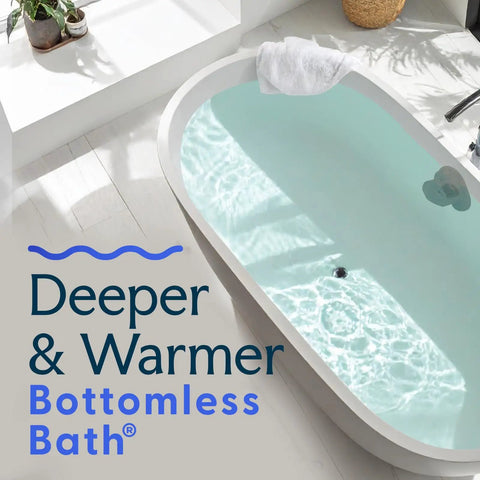 Bottomless Bath Overflow Drain Cover In Polished Bronze Tub Accessory Built To Hold Extra Inches Of Water And Ban Dreadful Trickle Sounds For A Straight Up Game Changing Spa Night, deep soak bathtub with clear water.