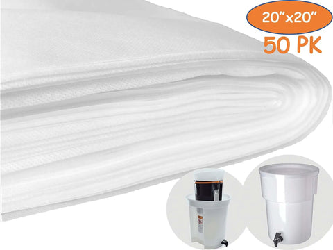 50 Pack Extra Large 20x20 Inch Commercial Cold Brew Coffee Filters for 5 Gallon Systems, showing layered filters and usage in coffee containers.