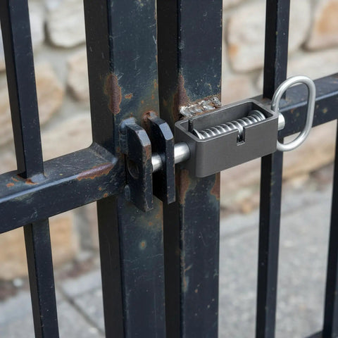 Heavy Duty 4 Pack Weld On Spring Gate Latches No Nonsense Outdoor Fence Hardware on a metal gate with rust.