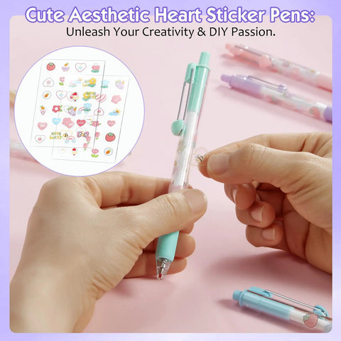 Hands holding DIY Gel Pens With Cute Stickers Six Pack 0.7mm Black Ink Smooth Writing Quick Dry Journaling Pens for note-taking