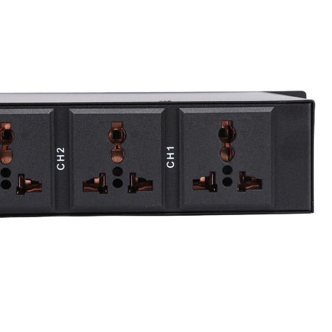Ten Outlet Power Sequencer Conditioner With Digital Voltage Display And Auto Surge Protection Smooth Noise Filtering For Your Sweet Home Theater Setup Gamechanger Studio Gear Rig With Us Plug, front view of three outlets labeled CH1 and CH2.