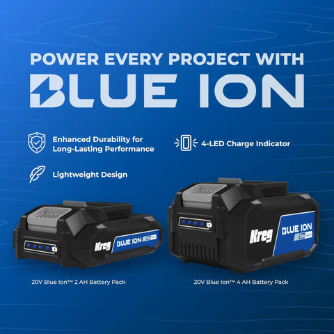 Top Shelf 20 Volt Cordless Compact Power Drill With Kicksome Torque And One Half Inch Keyless Chuck For Tough Diy Chores Variable Speed Switch Plus Dual Range Gearbox And Bright Led Work Lamp Badass Bare Tool Setup, showcasing Kreg 20V Blue Ion batteries.