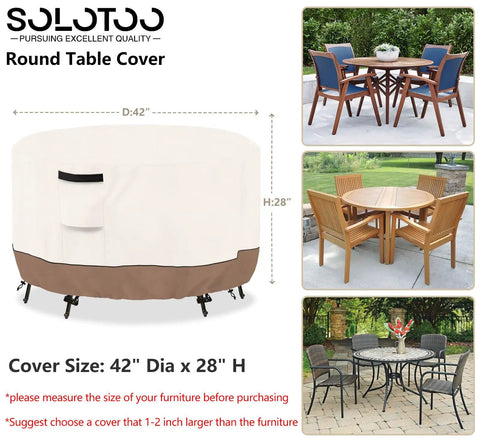 Round Outdoor Table Cover Waterproof Heavy Duty Patio Furniture Cover For 42 Inch Diameter And 28 Inch High Round Tables And Chair Sets Beige And Brown No Fuss All Weather Protection Easy Fit covering a round table.