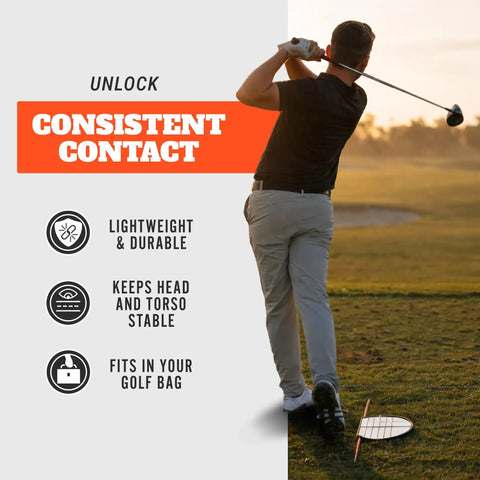 Golfer using Alignment Mirror With Two Alignment Rods Portable Golf Training Aid for swing practice on course at sunset