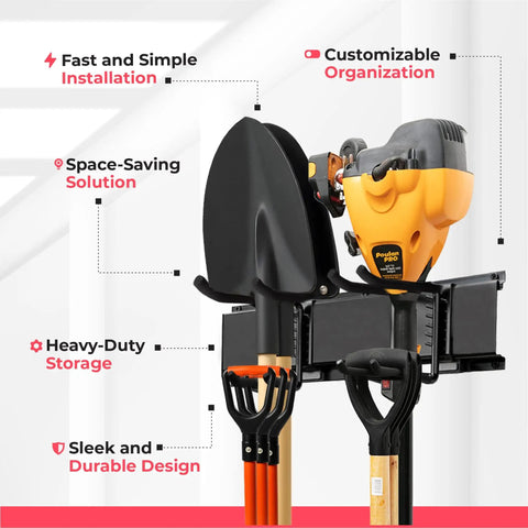 Garage Wall Organizer With Heavy Duty Tool Storage Rack holding shovel, rake, and power tool in a 64-inch wide carbon steel mount.