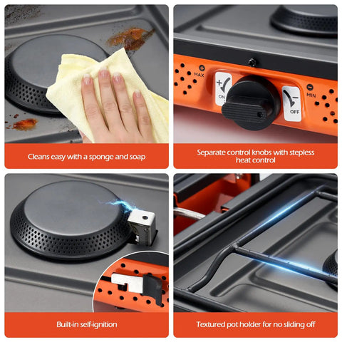 Portable Two Burner Camping Stove Propane 17000 BTU Per Hour Outdoor Stove for Backpacking Hiking and Picnics, control knobs and ignition