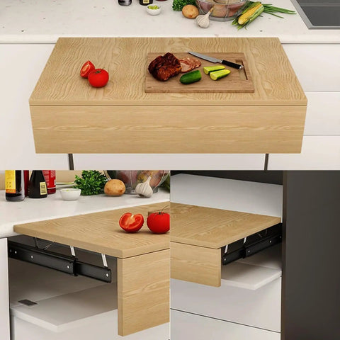 Heavy Duty Dining Table Extension Slides Featuring Slick Ball Bearings For Hella Quiet Roll Out Performance Retro Fit Folding Furniture Hardware Package Boosting Desktop Width In Twenty Point Five Inch Cut, showing a kitchen island with slide out mechanism.