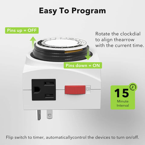 Heavy Duty Mechanical 24 Hour Timer Dual Outlet 3 Prong Indoor Power Timer For Lamps Fans Christmas Lights White 1875W One Half HP ETL Listed Built In Pin Dial For Easy On Off showing pin settings and dial.