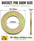 10Pcs 65mm Bucket Pin Shim Kit With 130mm Outer Diameter Washers And 65mm Inner Diameter 2mm Thick Spacers For Bucket Ears Linkage Points And Attachment Areas Easy Install, zinc-plated steel washer