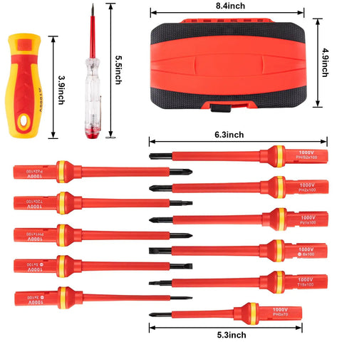 Pro Grade 13 Piece Screwdriver Set With 1000V Insulation And Built In Voltage Test Probe featuring vibrant handles and EVA case.