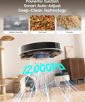 All In One Robot Vacuum And Mop With 12000Pa Suction 90 Day Self Emptying Dock Obstacle Avoidance Auto Mop Washing And Drying Pet Hair Carpet Cleaner 5G WiFi Alexa App And iWatch Control Model M3 cleaning pet hair, crumbs, and pet food on floor