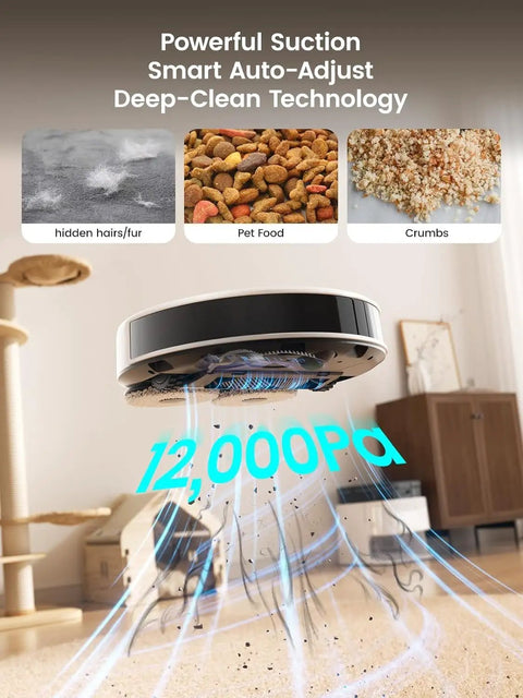 All In One Robot Vacuum And Mop With 12000Pa Suction 90 Day Self Emptying Dock Obstacle Avoidance Auto Mop Washing And Drying Pet Hair Carpet Cleaner 5G WiFi Alexa App And iWatch Control Model M3 cleaning pet hair, crumbs, and pet food on floor