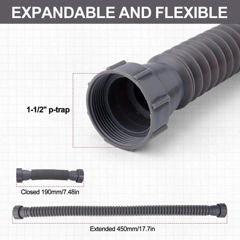 Expandable 1-1/2 Inch Sink Drain Kit with Flexible P-Trap shown in extended and closed states, ABS rubber construction.