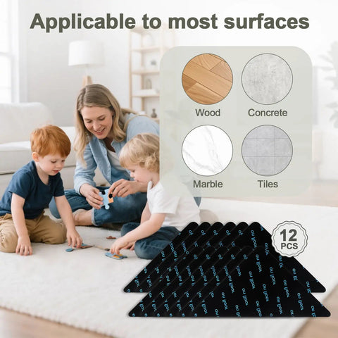 12 Pack Rug Grip Pads For Hardwood Floors And Tiles Non Slip Rug Grippers shown with wood, concrete, marble, and tiles